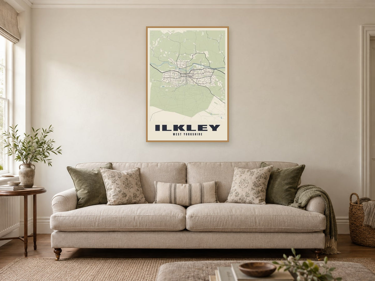 Ilkley Street Map Poster at A1, in a natural wood frame, in a sitting room