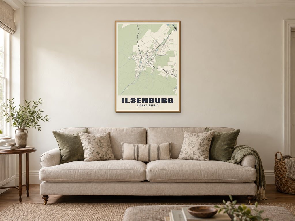 Ilsenburg Street Map Poster at A1, in a natural wood frame, in a sitting room