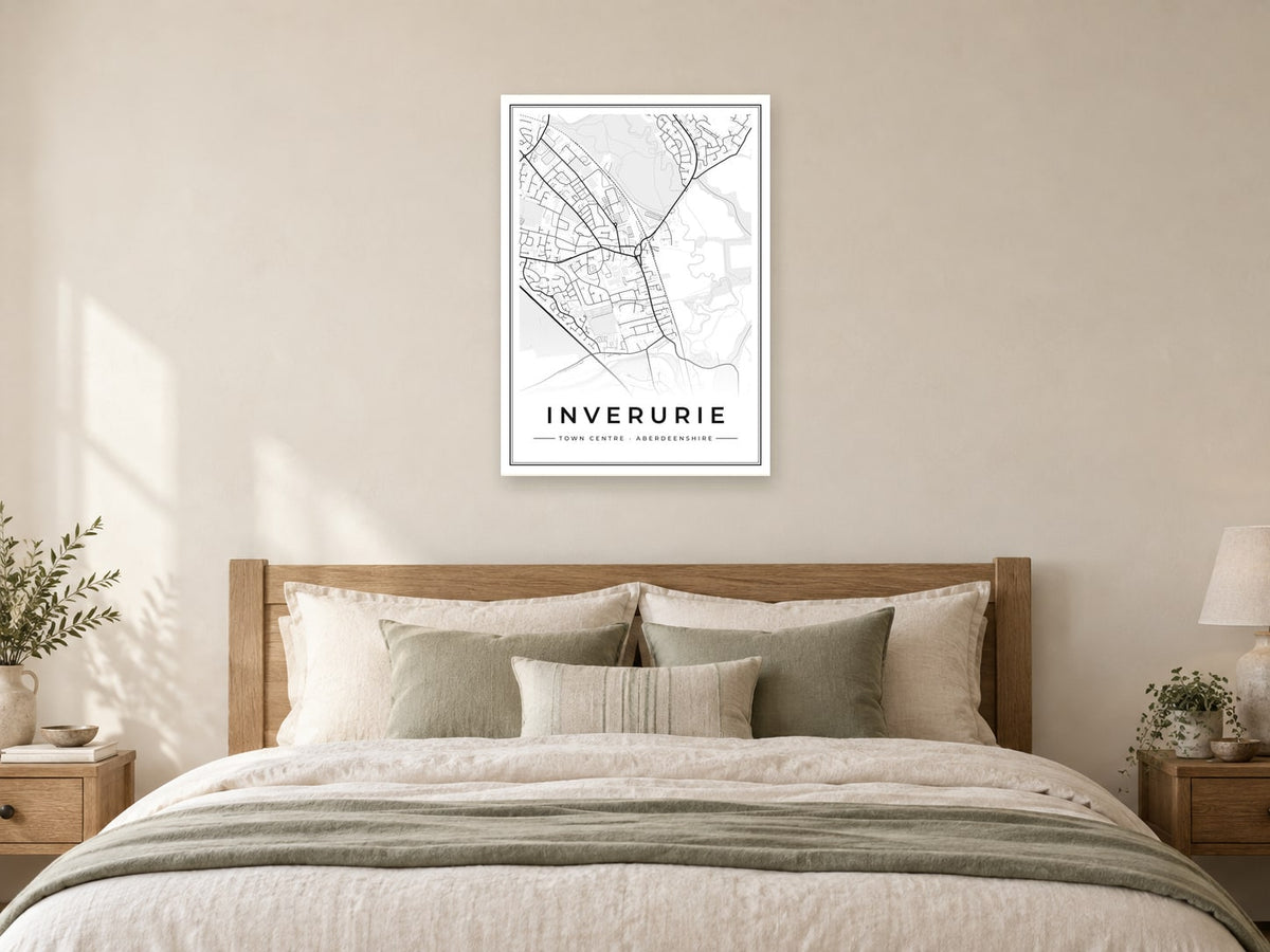 Inverurie Town Centre Street Map Poster at A1, as a poster, above a bed