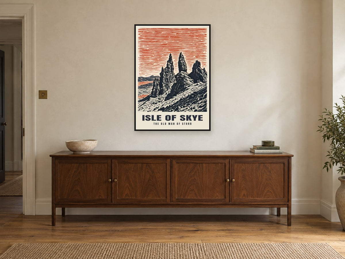 The Old Man of Storr, Isle of Skye Poster at A1, in a black frame, above a sideboard