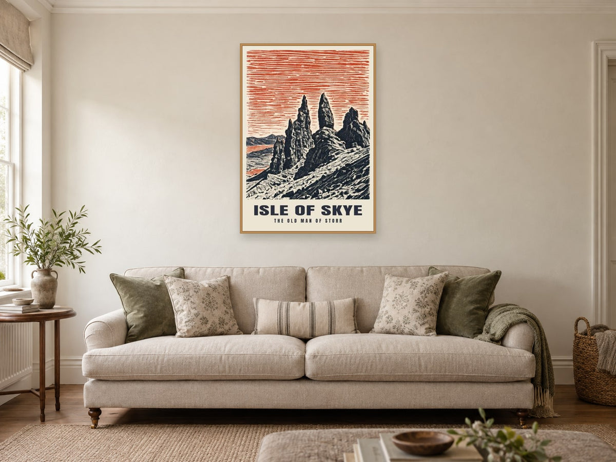 The Old Man of Storr, Isle of Skye Poster at A1, in a natural wood frame, in a sitting room
