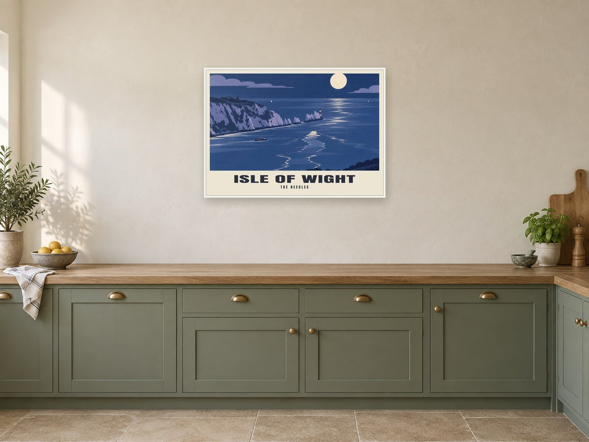 The Needles, Isle of Wight Poster at A1, in a white frame, in a kitchen