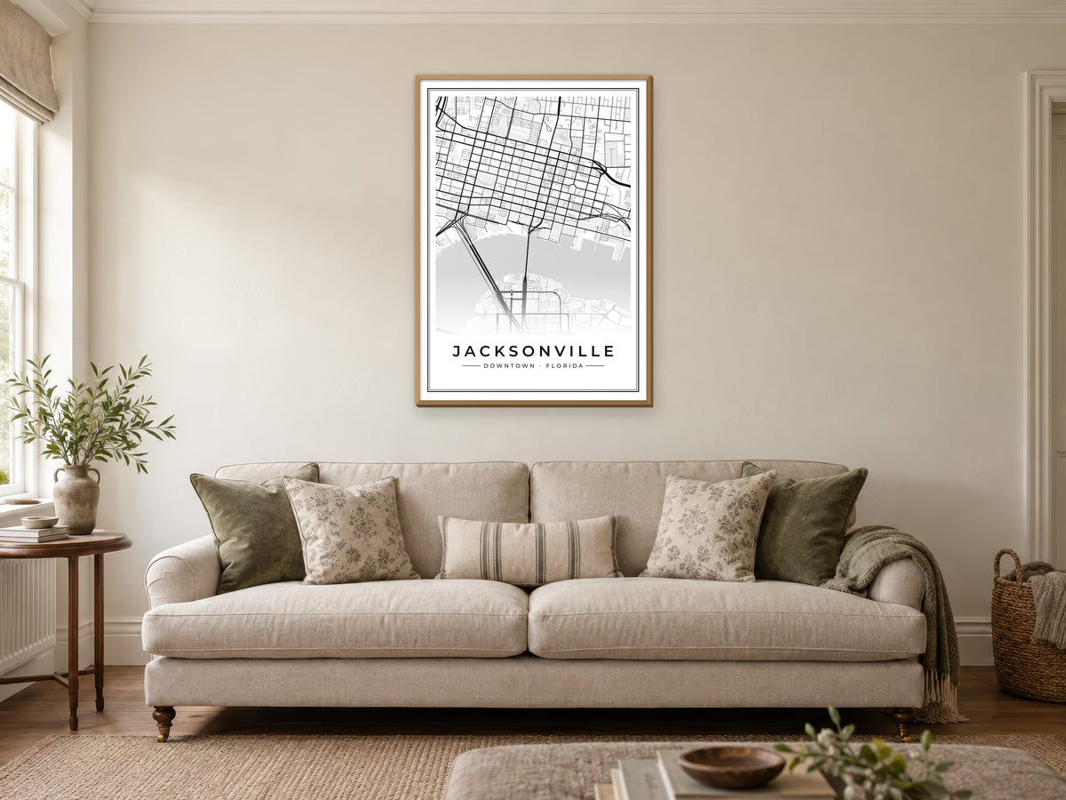 Jacksonville Downtown Street Map Poster at A1, in a natural wood frame, in a sitting room