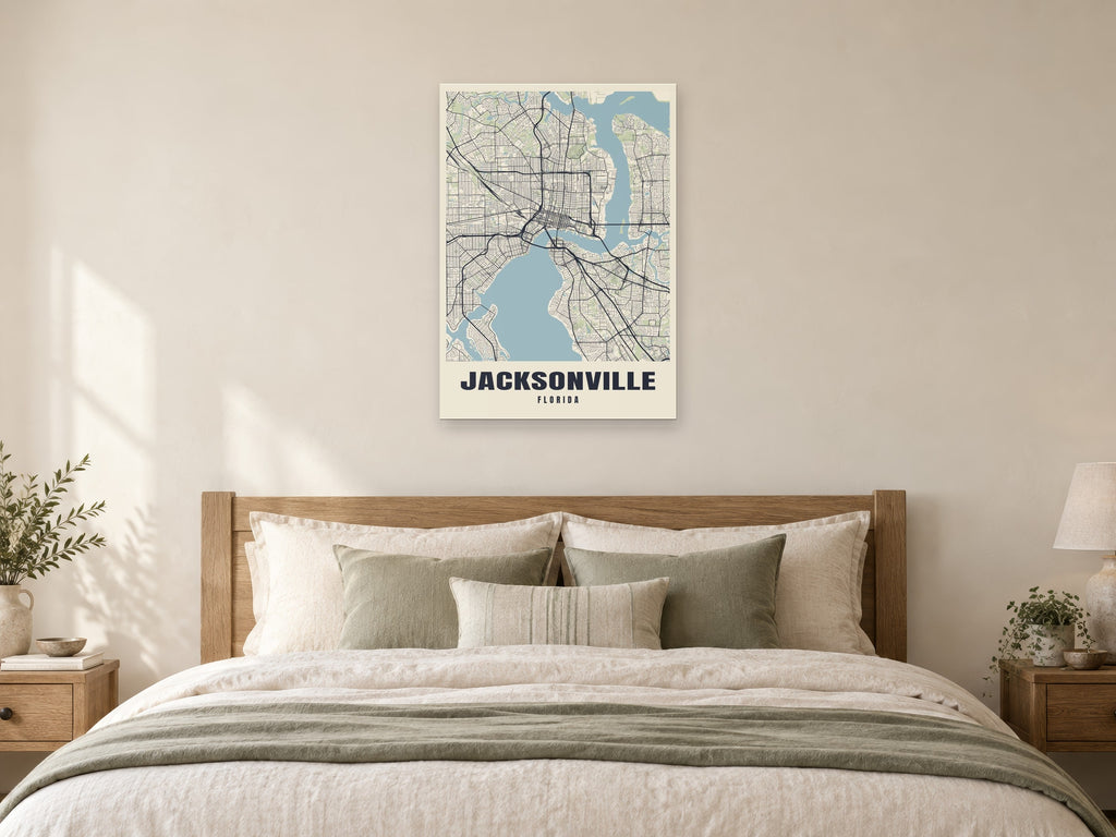 Jacksonville Street Map Poster at A1, as a poster, above a bed