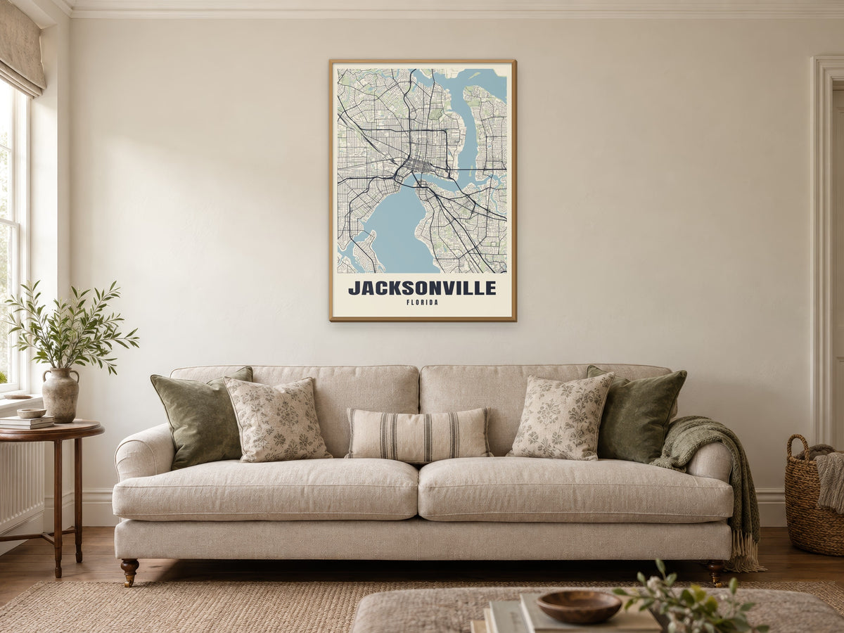 Jacksonville Street Map Poster at A1, in a natural wood frame, in a sitting room