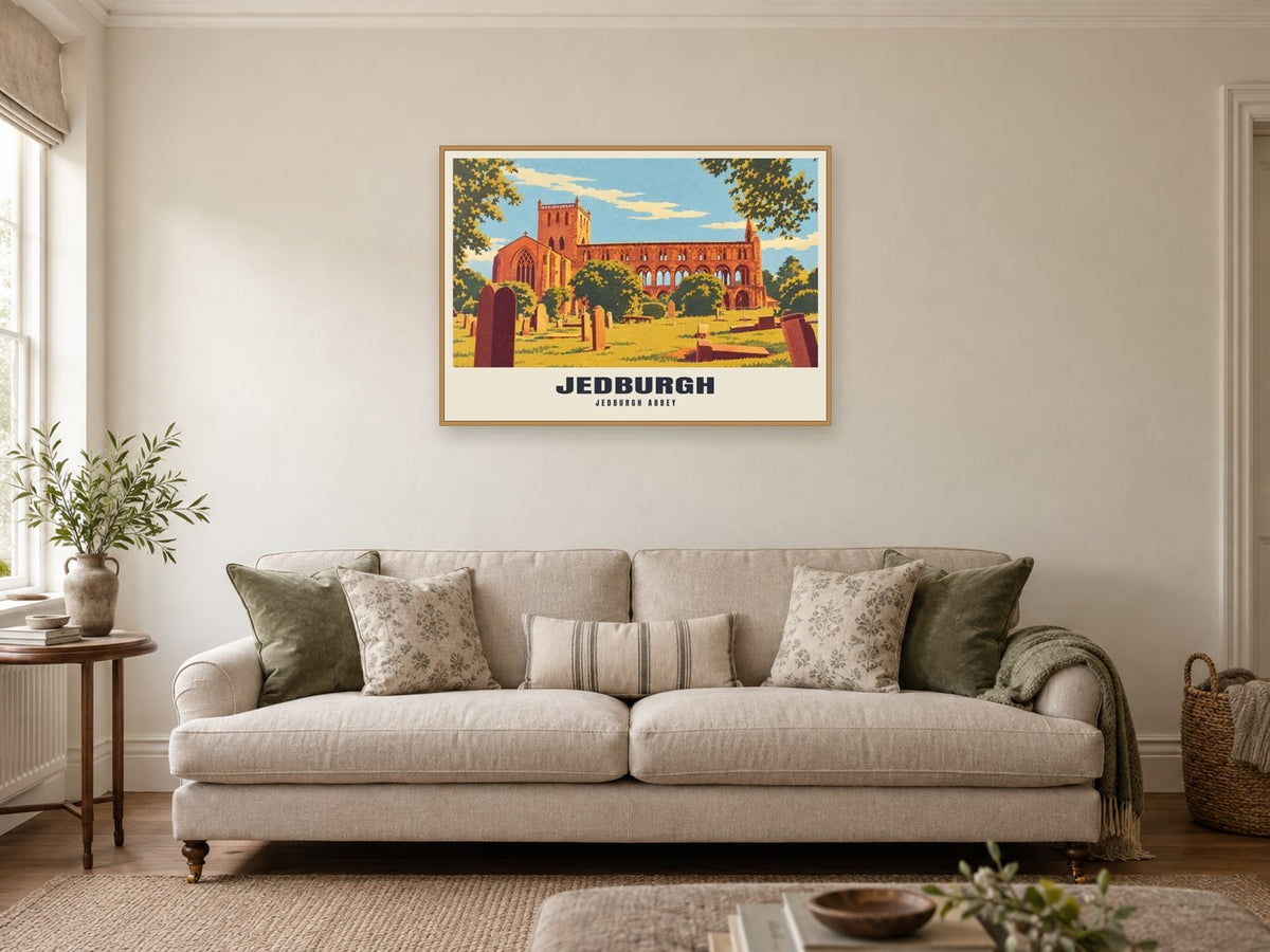 Jedburgh Abbey Poster at A1, in a natural wood frame, in a sitting room