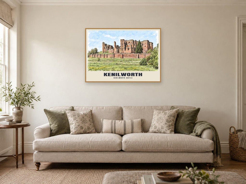 Kenilworth Castle Poster at A1, in a natural wood frame, in a sitting room