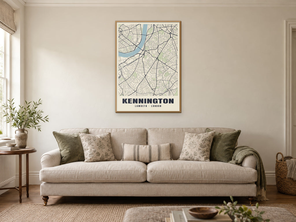 Kennington Heritage Street Map Poster at A1, in a natural wood frame, in a sitting room