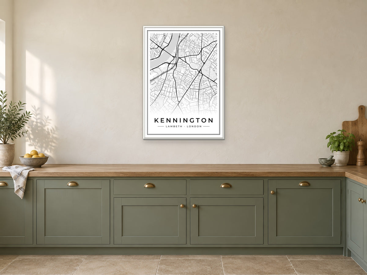 Kennington Street Map Poster at A1, in a white frame, in a kitchen