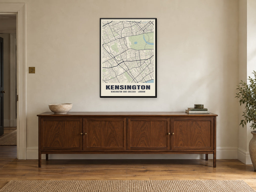 Kensington Heritage Street Map Poster at A1, in a black frame, above a sideboard