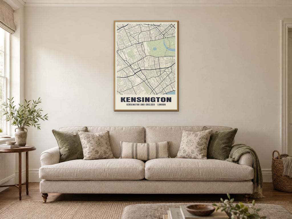 Kensington Heritage Street Map Poster at A1, in a natural wood frame, in a sitting room