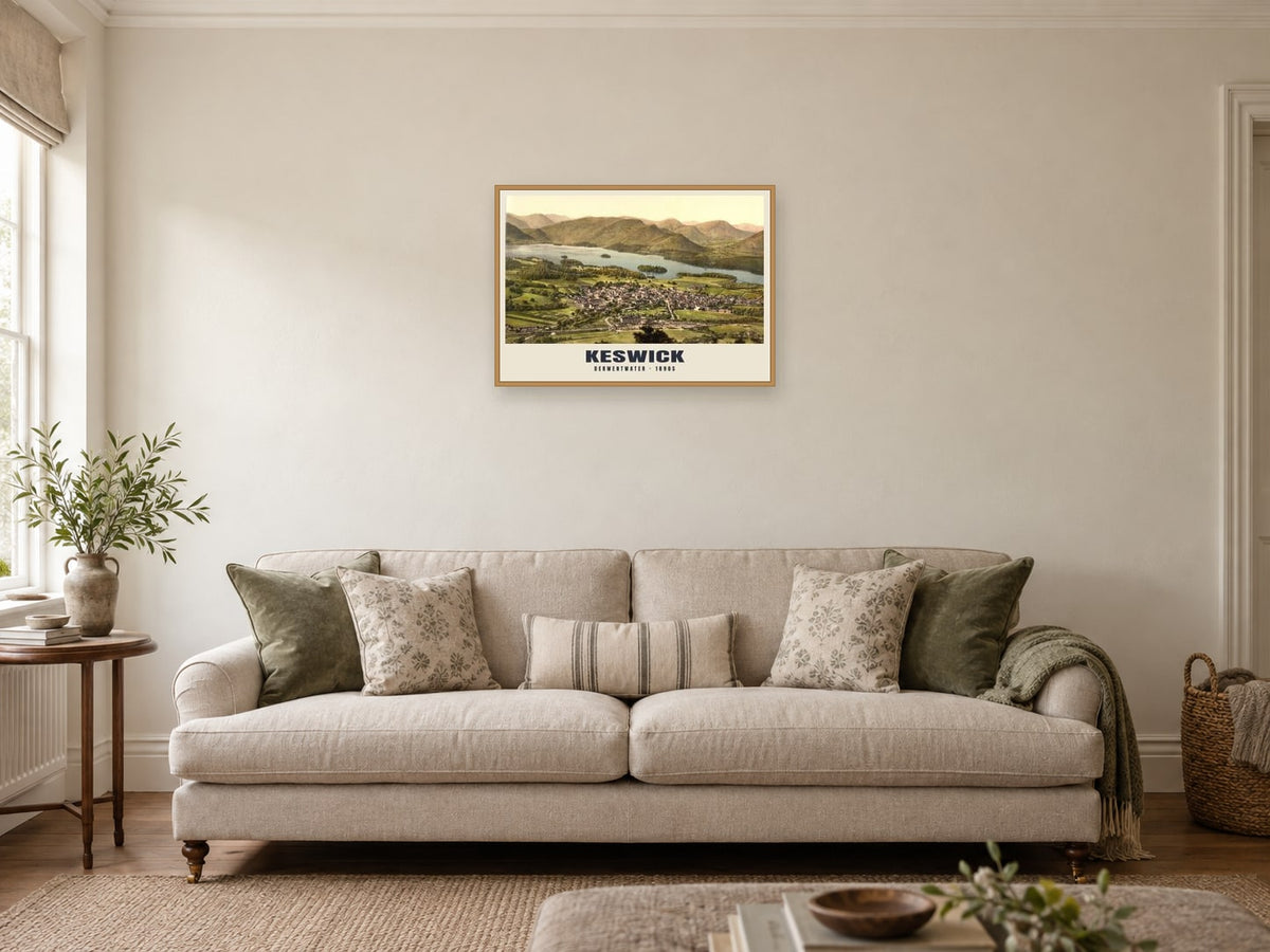 Derwentwater, Keswick, 1890s Heritage Print at A2, in a natural wood frame, in a sitting room