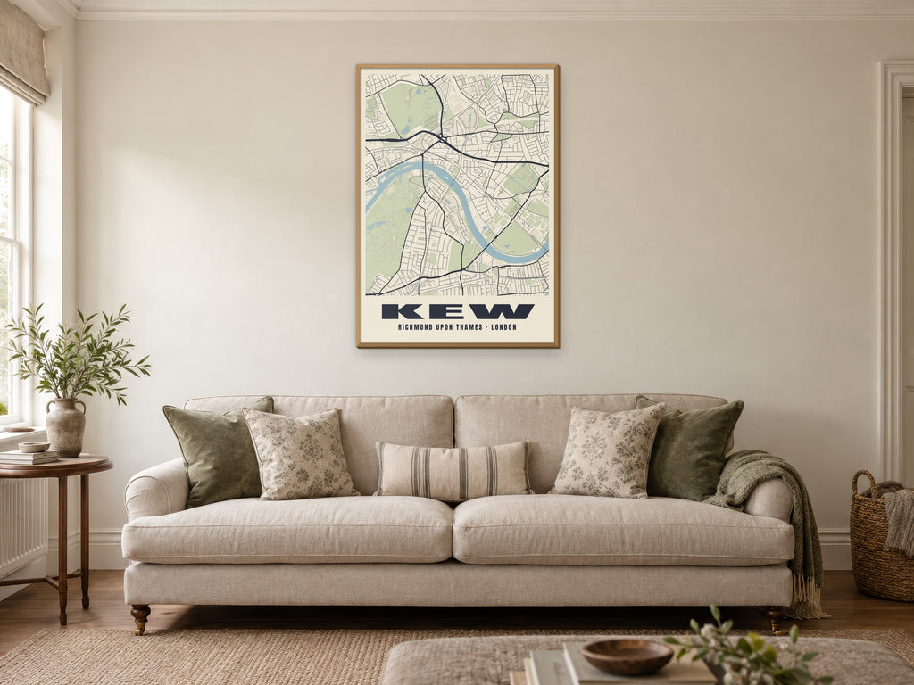 Kew Heritage Street Map Poster at A1, in a natural wood frame, in a sitting room