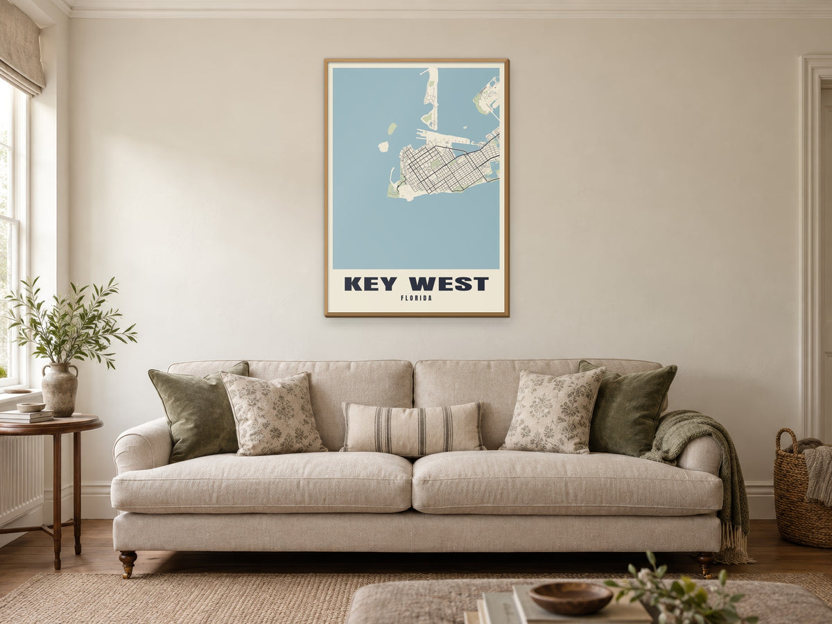 Key West Street Map Poster at A1, in a natural wood frame, in a sitting room