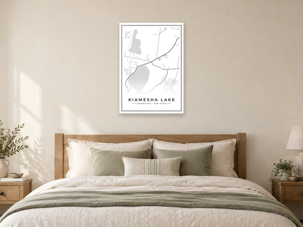 Kiamesha Lake Downtown Street Map Poster at A1, as a poster, above a bed