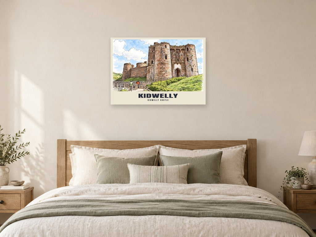 Kidwelly Castle Poster at A1, as a poster, above a bed