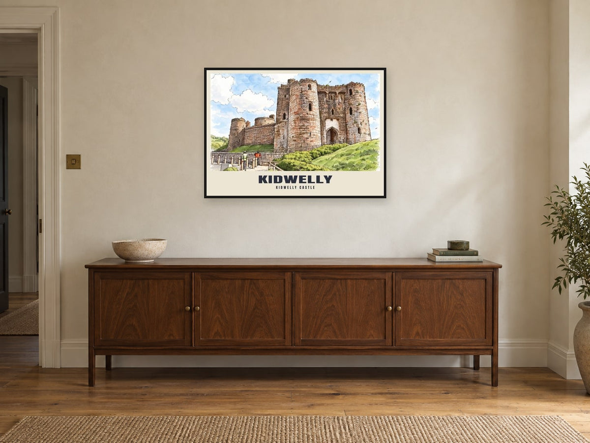 Kidwelly Castle Poster at A1, in a black frame, above a sideboard