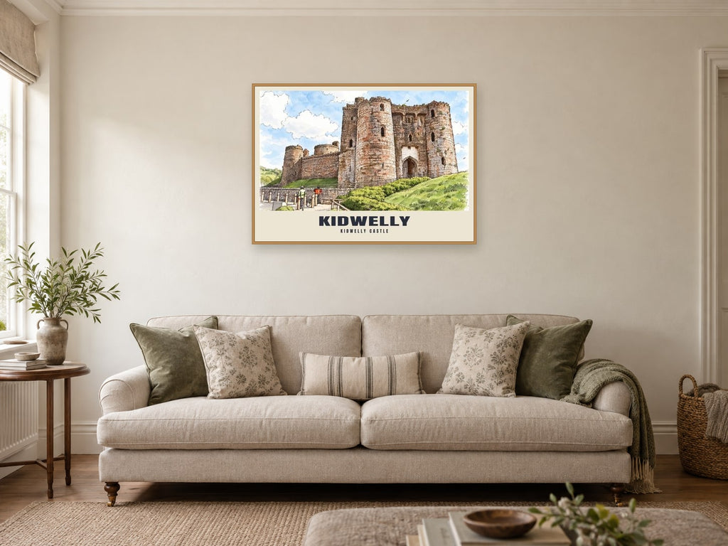 Kidwelly Castle Poster at A1, in a natural wood frame, in a sitting room