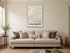 Kilburn Heritage Street Map Poster at A1, in a natural wood frame, in a sitting room
