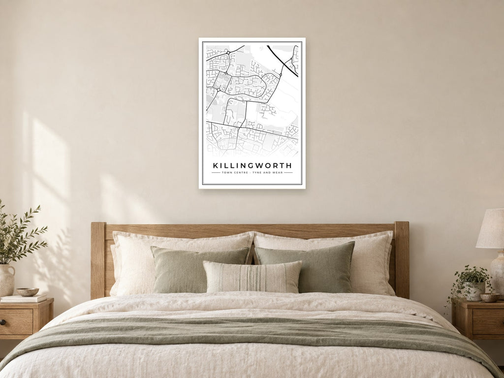 Killingworth Town Centre Street Map Poster at A1, as a poster, above a bed