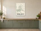 King City Street Map Poster at A1, in a white frame, in a kitchen