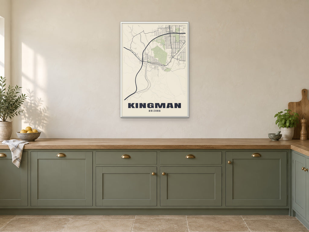 Kingman Street Map Poster at A1, in a white frame, in a kitchen