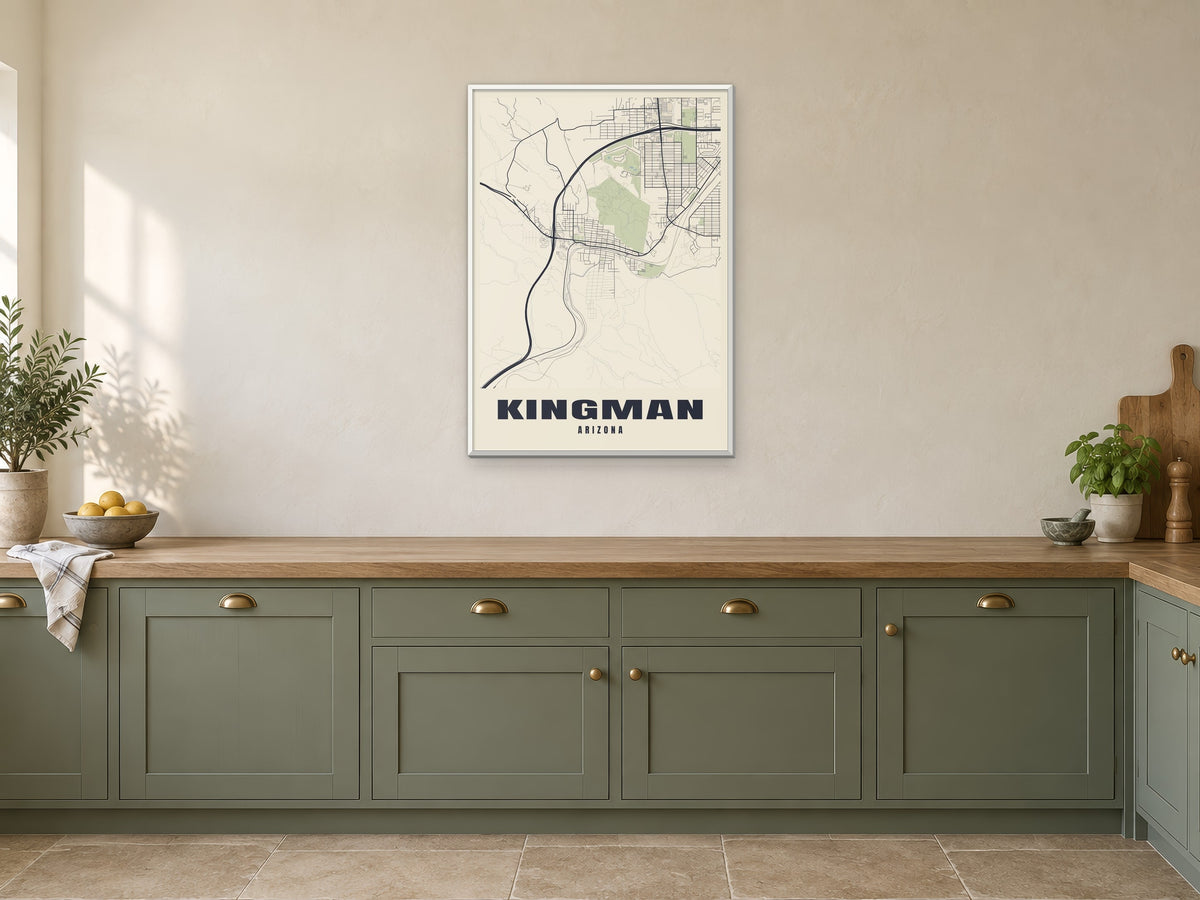 Kingman Street Map Poster at A1, in a white frame, in a kitchen