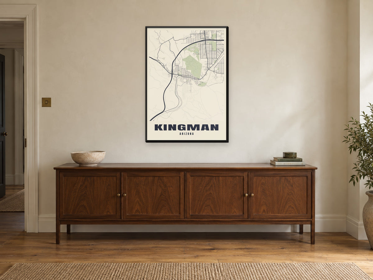 Kingman Street Map Poster at A1, in a black frame, above a sideboard