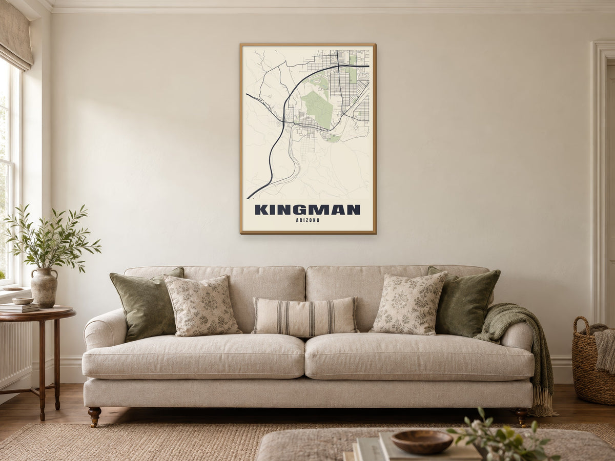 Kingman Street Map Poster at A1, in a natural wood frame, in a sitting room