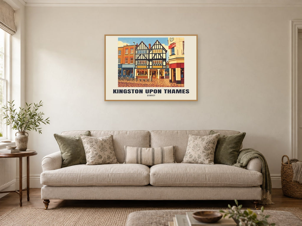 Kingston upon Thames Poster — Town Centre at A1, in a natural wood frame, in a sitting room