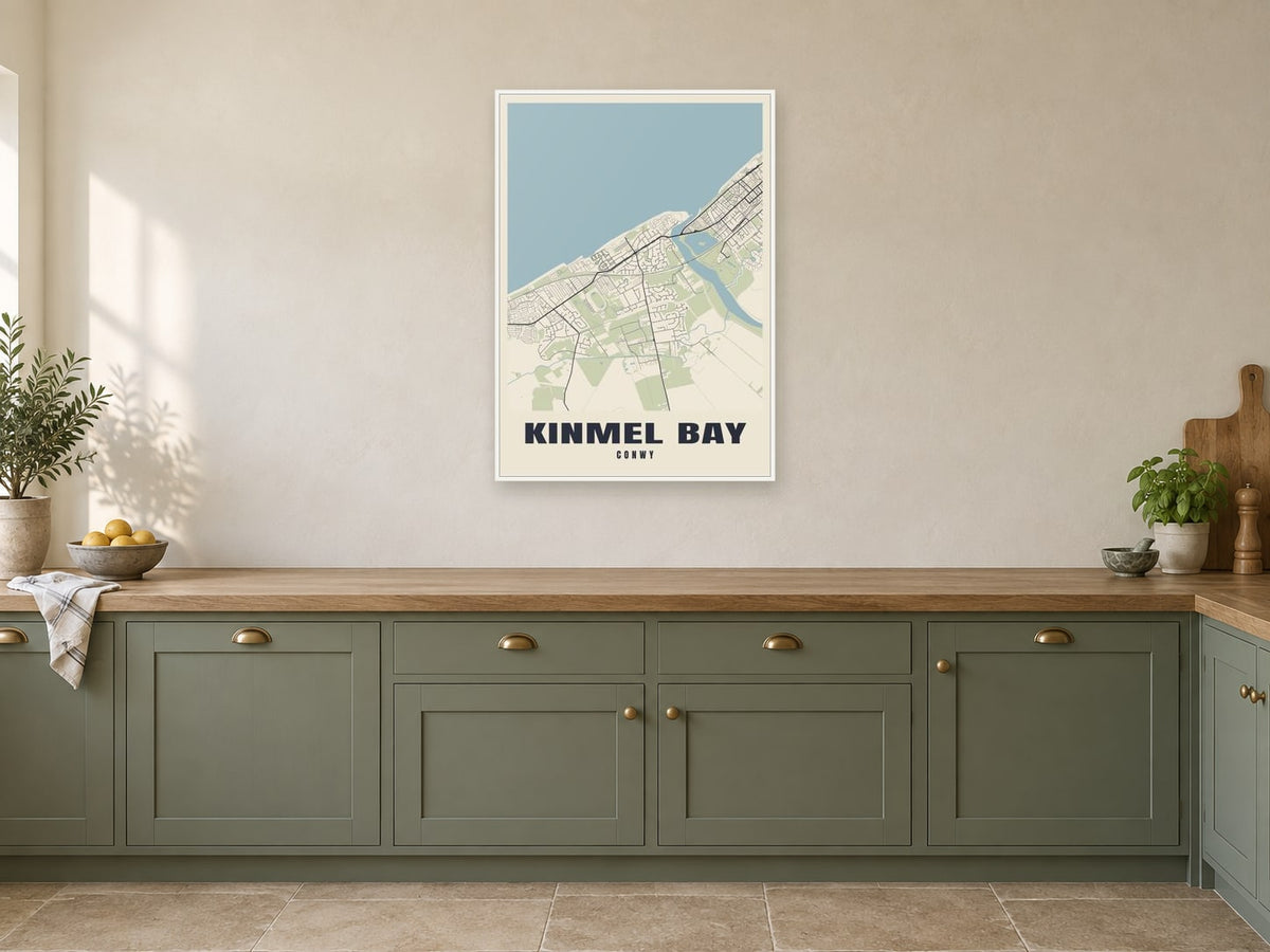 Kinmel Bay Street Map Poster at A1, in a white frame, in a kitchen