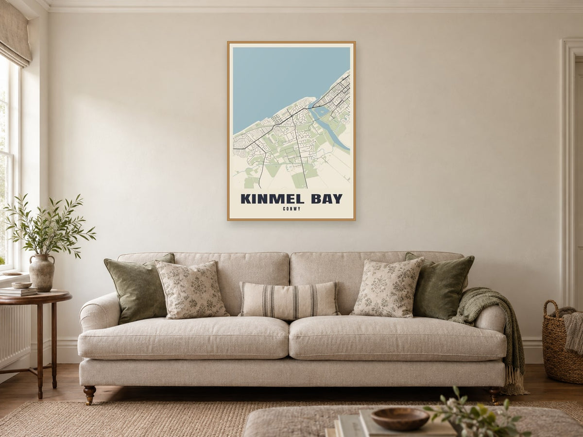 Kinmel Bay Street Map Poster at A1, in a natural wood frame, in a sitting room