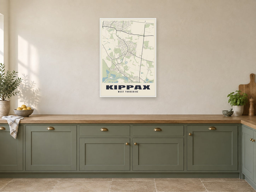 Kippax Street Map Poster at A1, in a white frame, in a kitchen