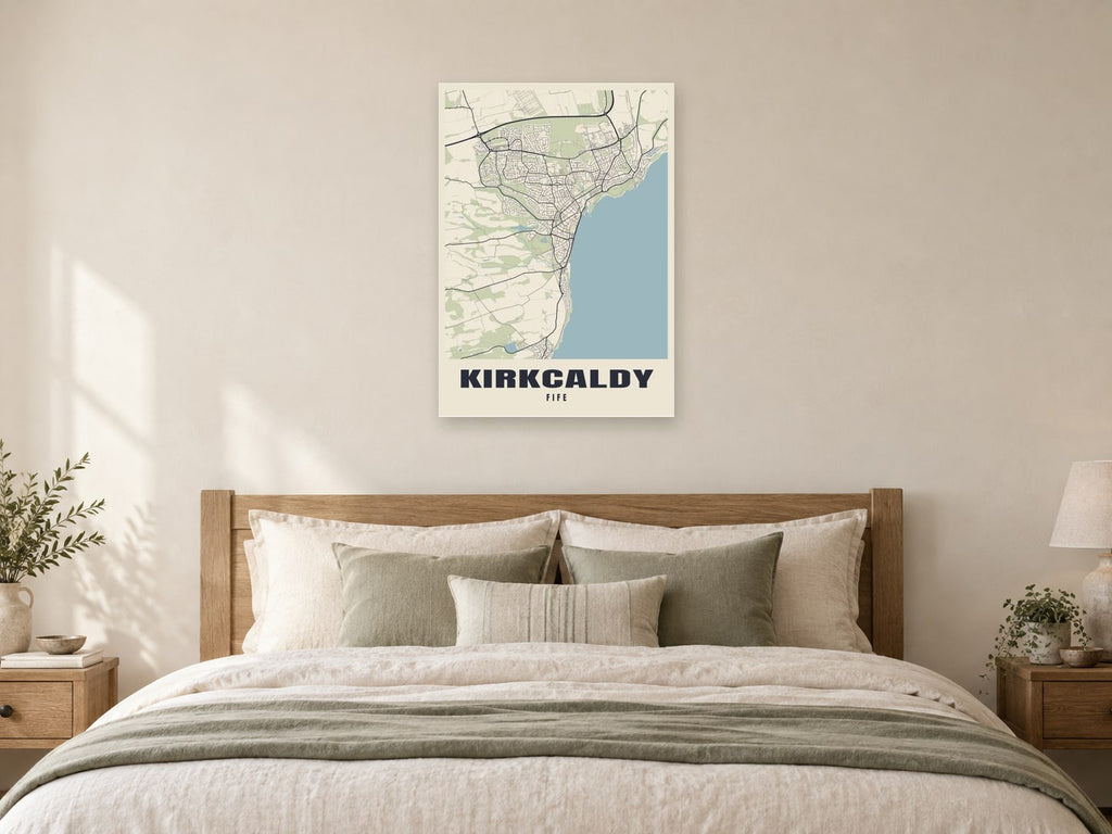 Kirkcaldy Street Map Poster at A1, as a poster, above a bed