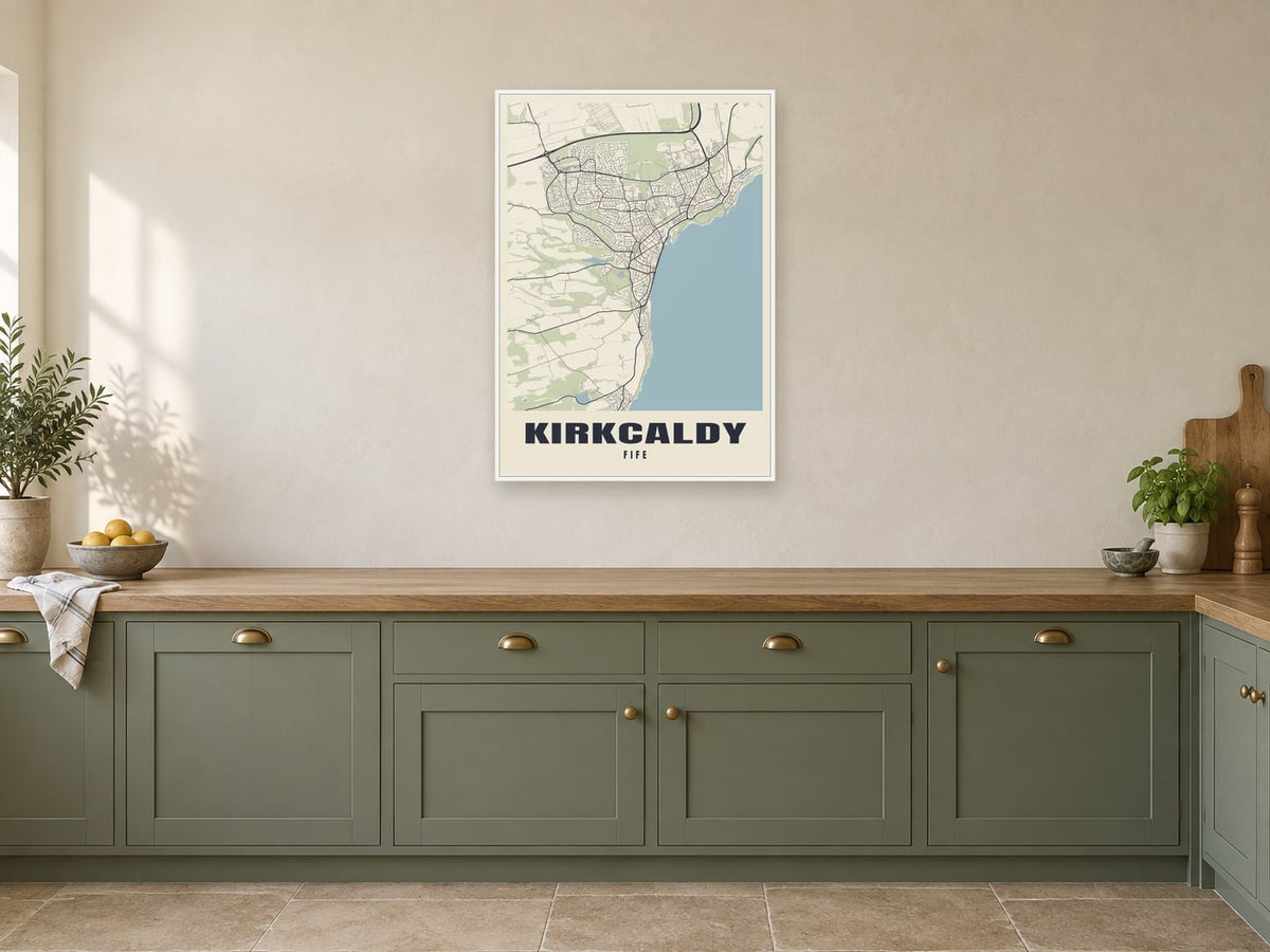 Kirkcaldy Street Map Poster at A1, in a white frame, in a kitchen