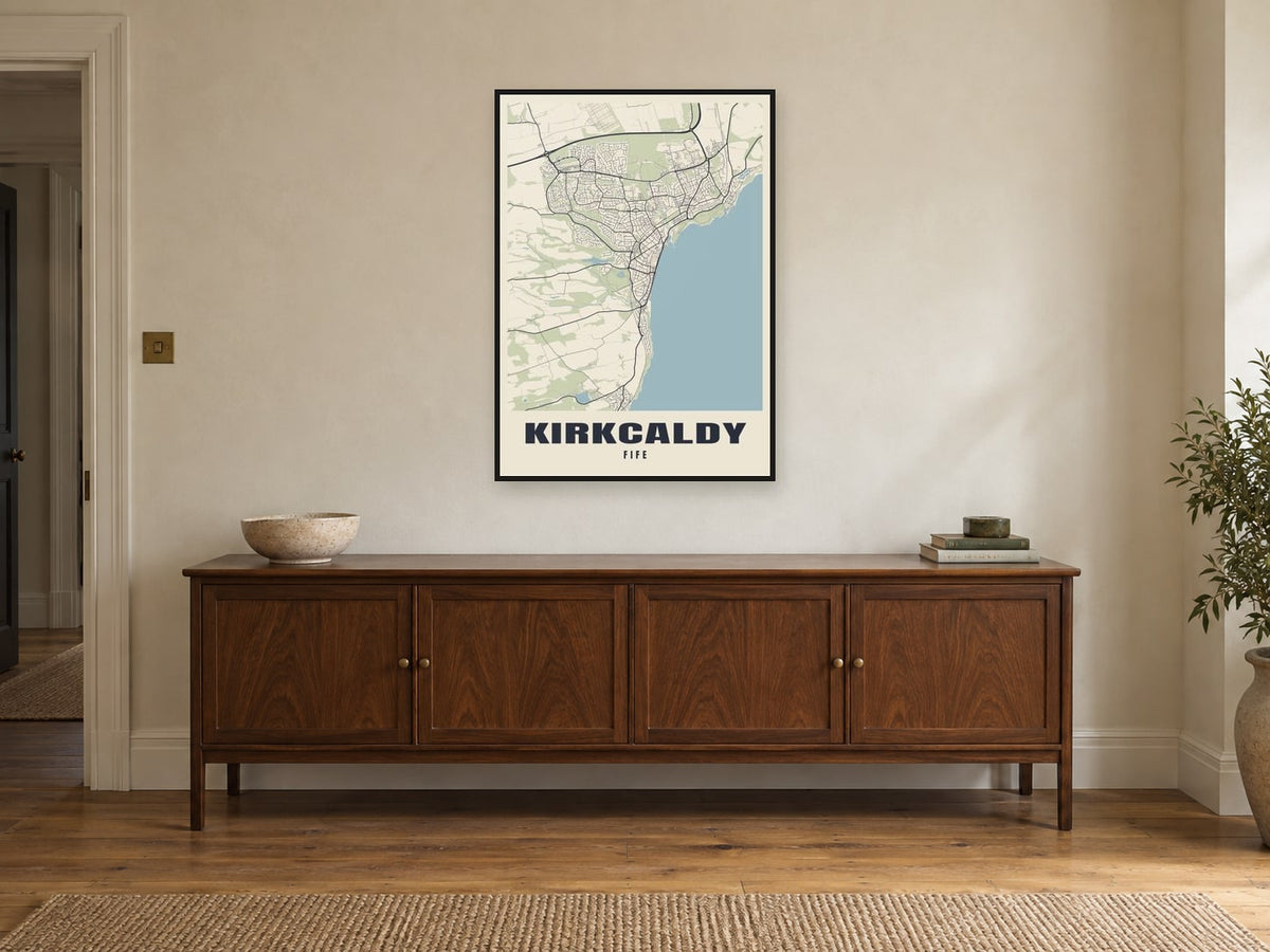 Kirkcaldy Street Map Poster at A1, in a black frame, above a sideboard
