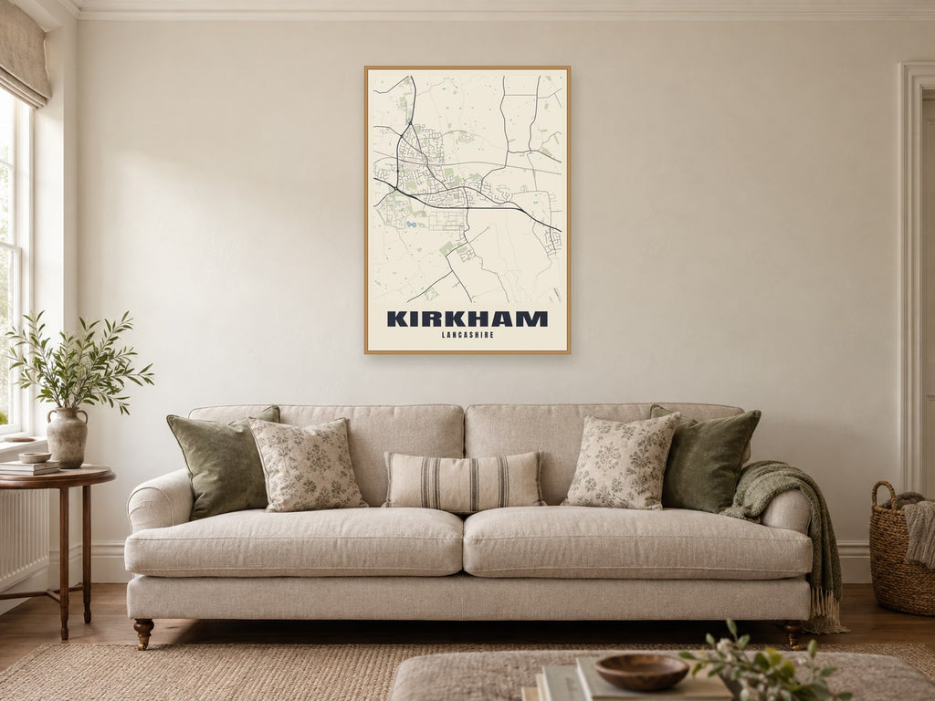 Kirkham Street Map Poster at A1, in a natural wood frame, in a sitting room