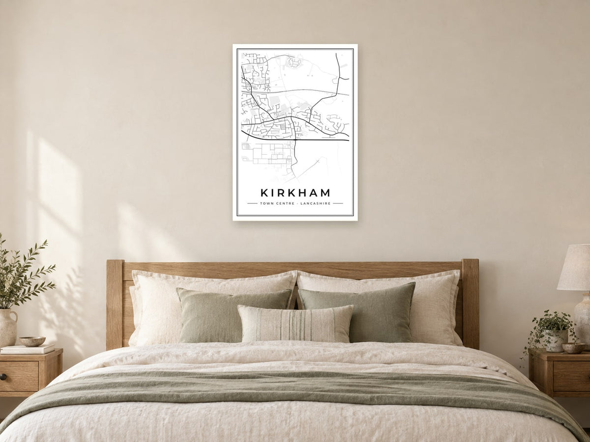 Kirkham Town Centre Street Map Poster at A1, as a poster, above a bed