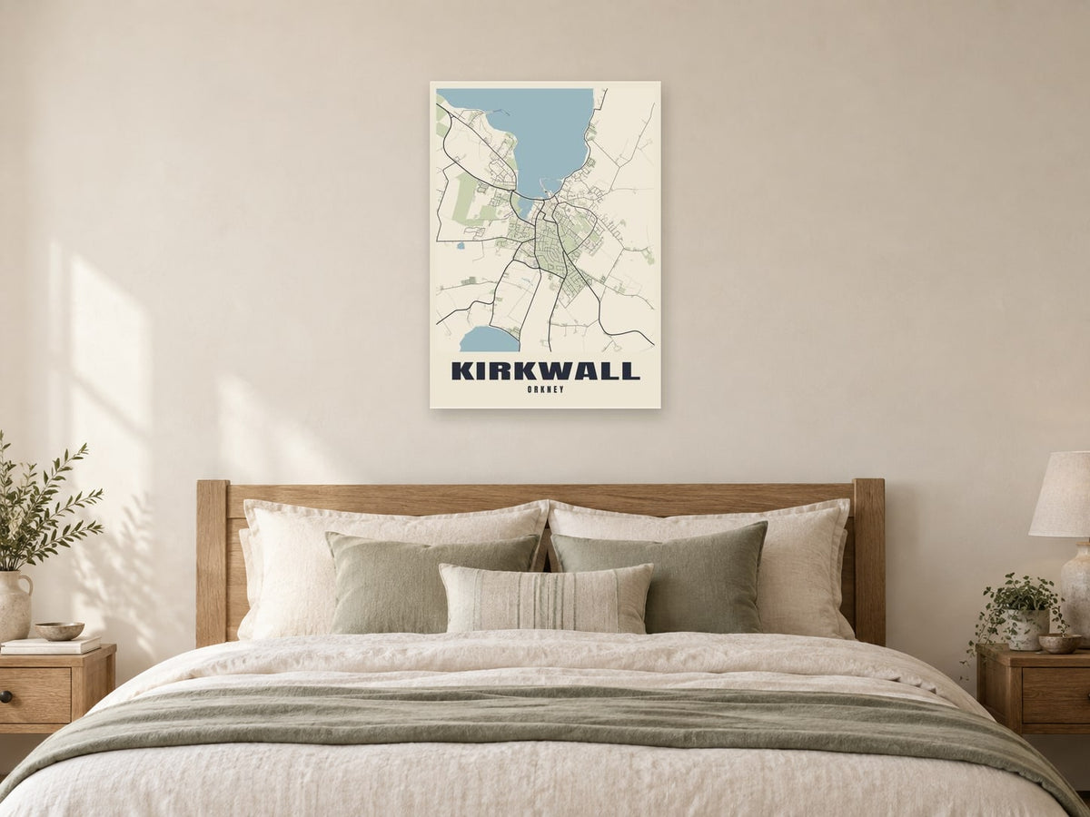 Kirkwall Street Map Poster at A1, as a poster, above a bed