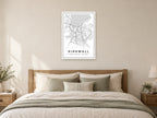 Kirkwall Town Centre Street Map Poster at A1, as a poster, above a bed