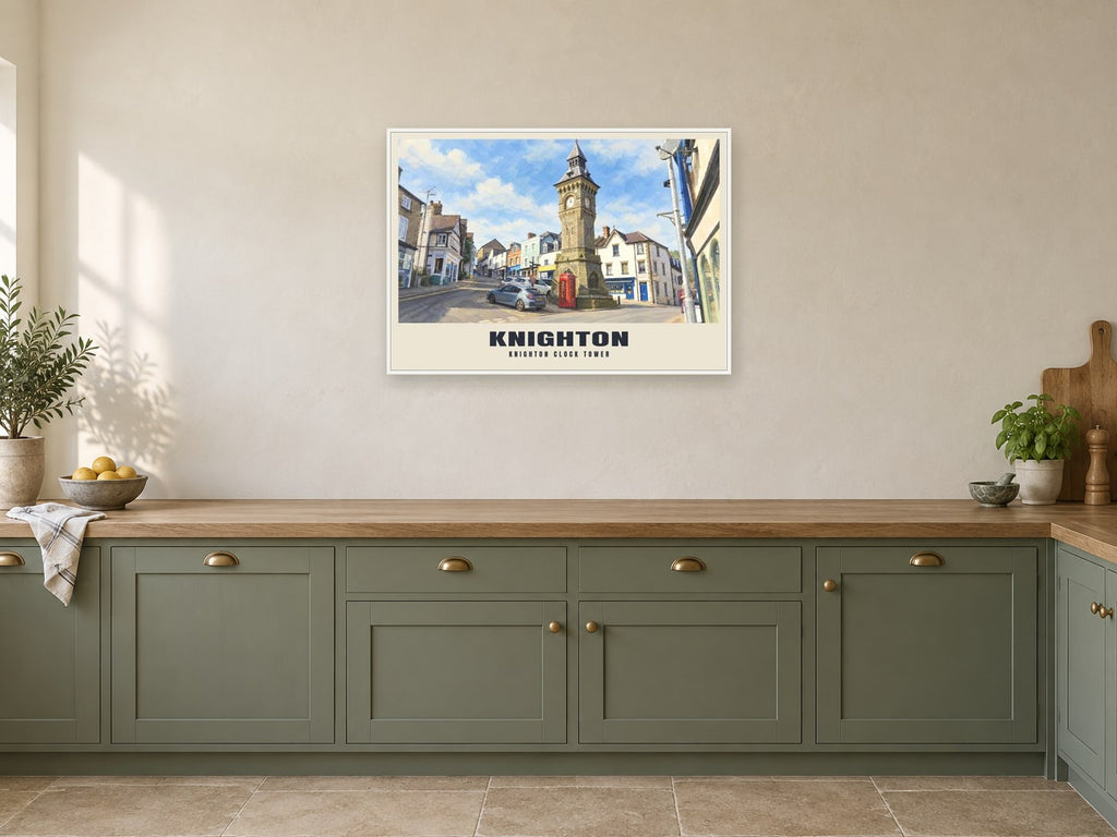 Knighton Clock Tower Poster at A1, in a white frame, in a kitchen