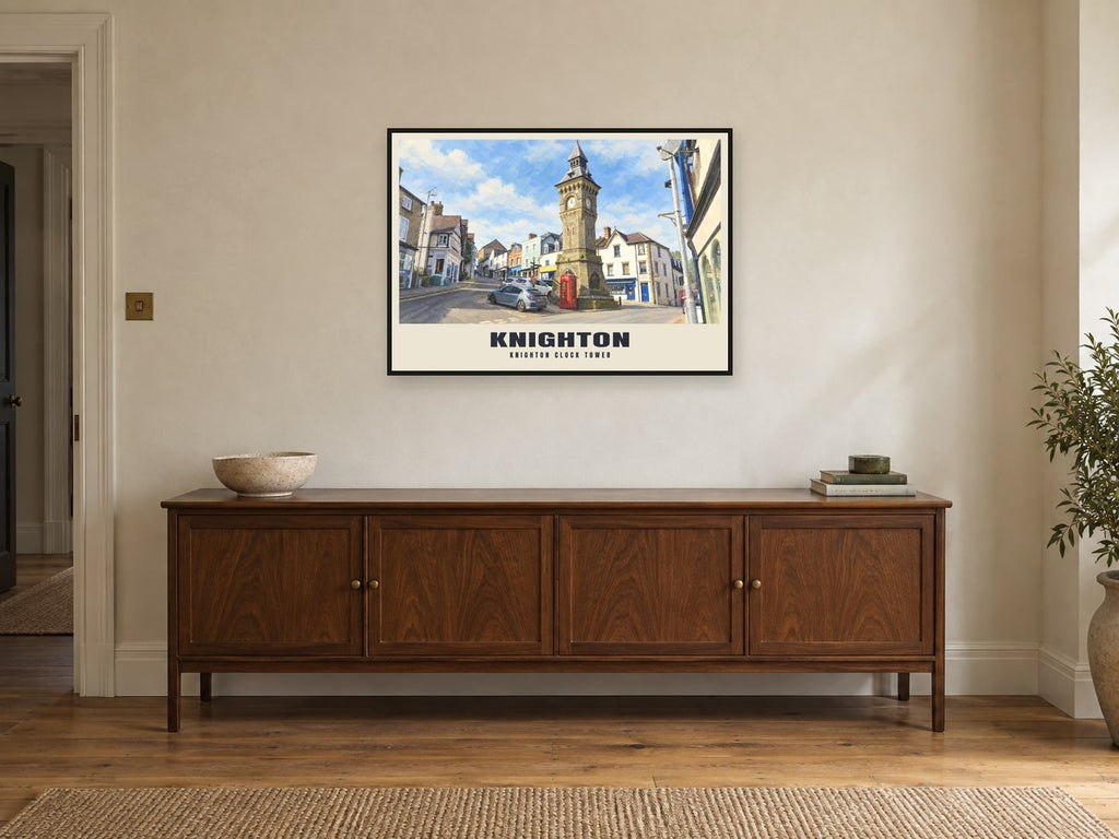 Knighton Clock Tower Poster at A1, in a black frame, above a sideboard