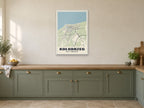 Kołobrzeg Street Map Poster at A1, in a white frame, in a kitchen
