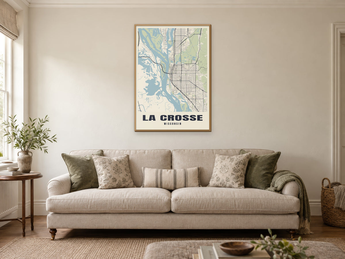 La Crosse Street Map Poster at A1, in a natural wood frame, in a sitting room