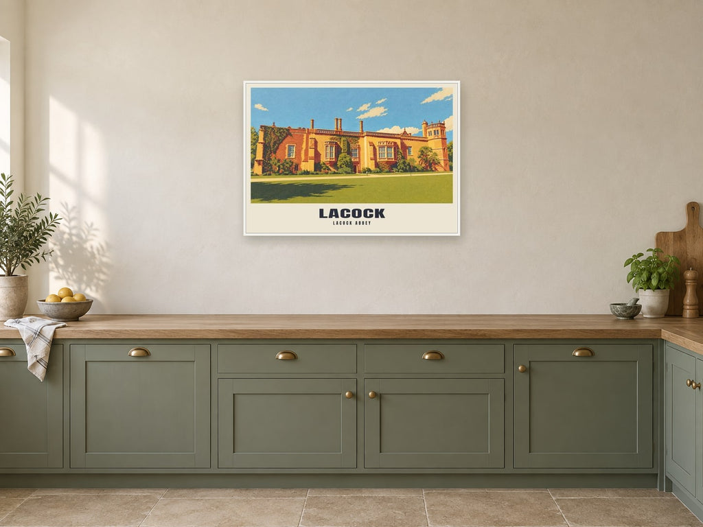 Lacock Abbey Poster at A1, in a white frame, in a kitchen