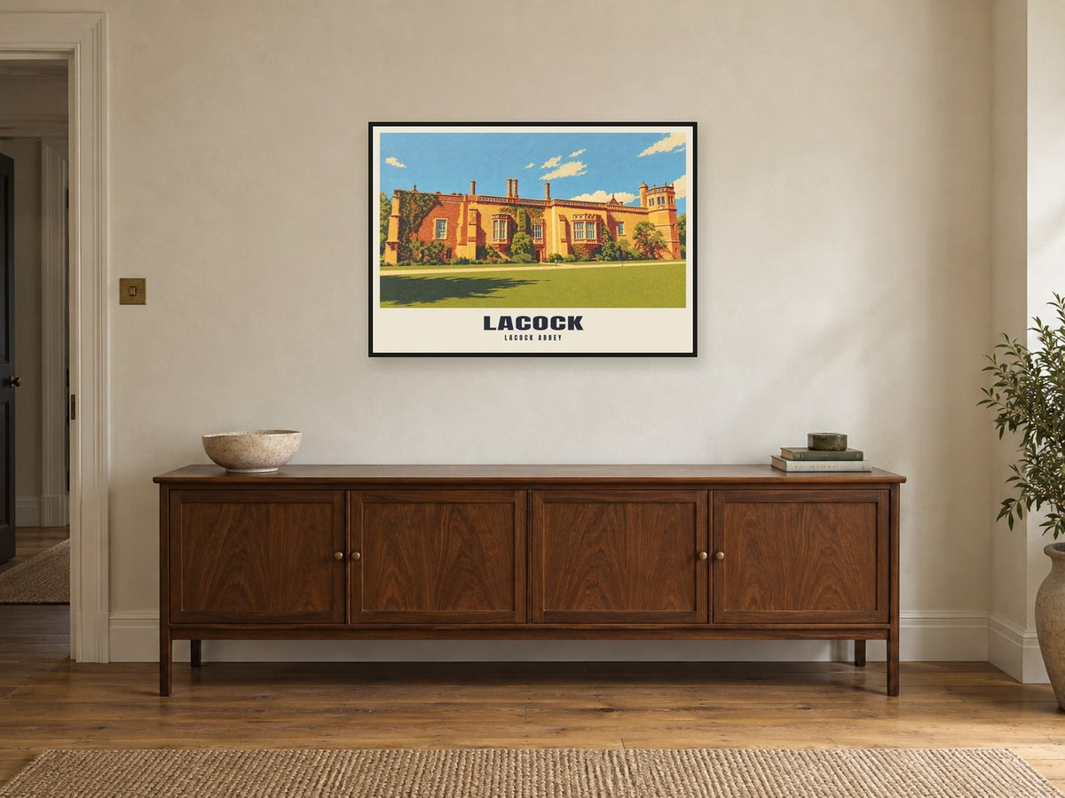 Lacock Abbey Poster at A1, in a black frame, above a sideboard