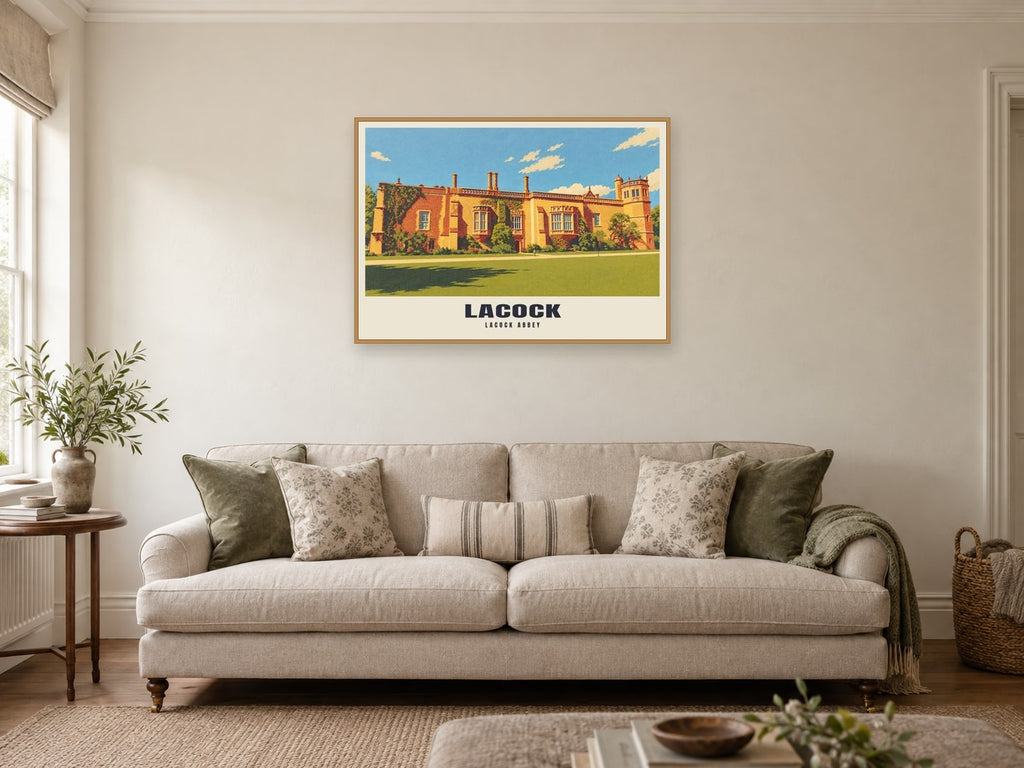 Lacock Abbey Poster at A1, in a natural wood frame, in a sitting room