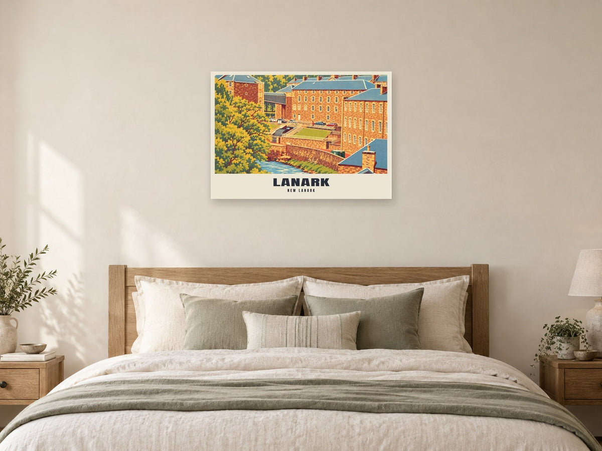 New Lanark Poster at A1, as a poster, above a bed