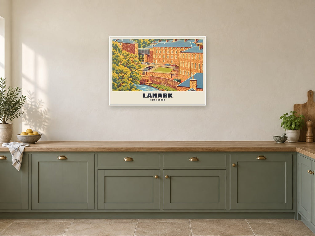 New Lanark Poster at A1, in a white frame, in a kitchen