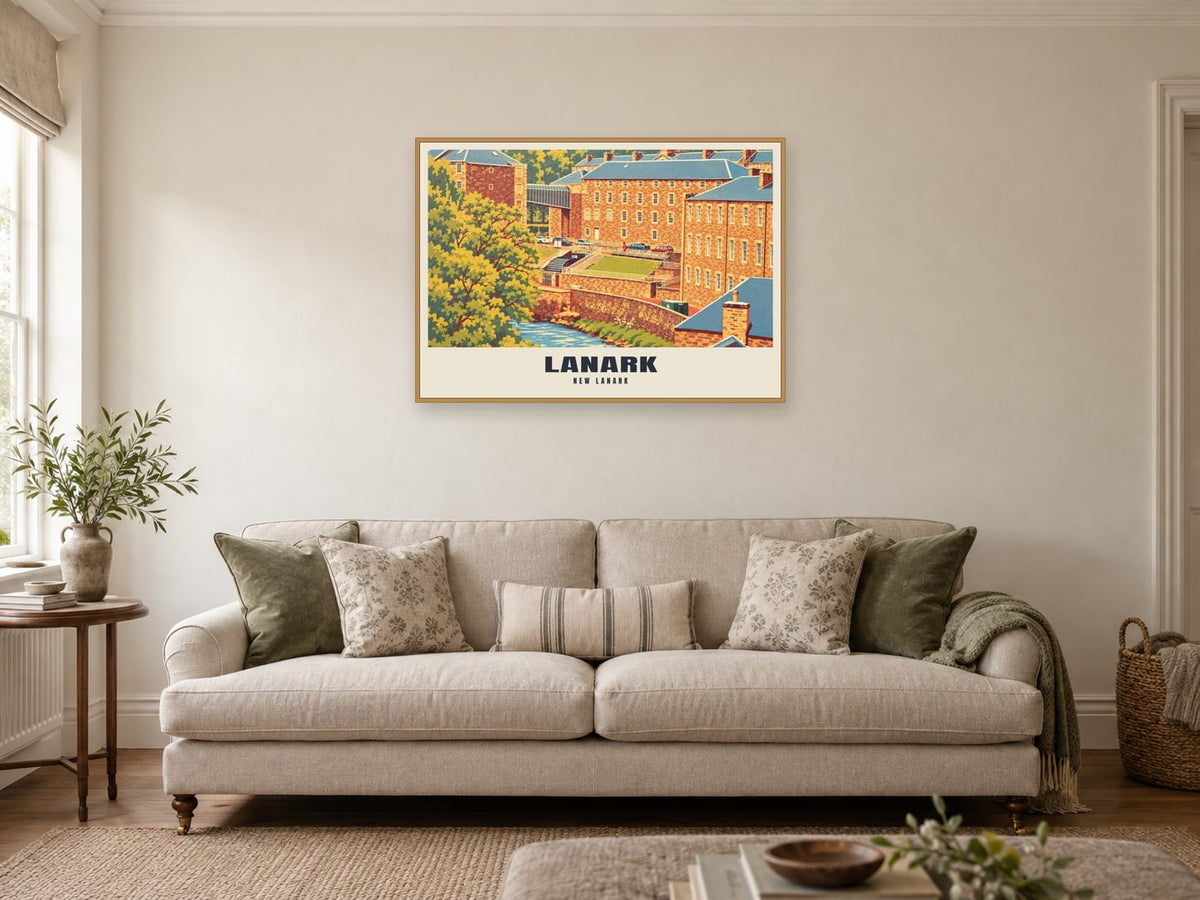 New Lanark Poster at A1, in a natural wood frame, in a sitting room